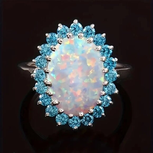 Sterling Silver Plated Simulated Fire Rainbow Opal & Blue Topaz Ring – Size 7 - Picture 1 of 4